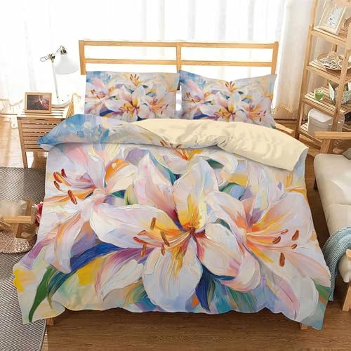 JEDTAKCT Reversibel Bettwäsche 135X200Cm Creme Lilien Druck Warm Weiche Bettwäsche Set Weihnachten Microfaser Ölgemälde Blumen Druck Bettbezug Kissenbezug 80X80Cm Mit Reißverschluss