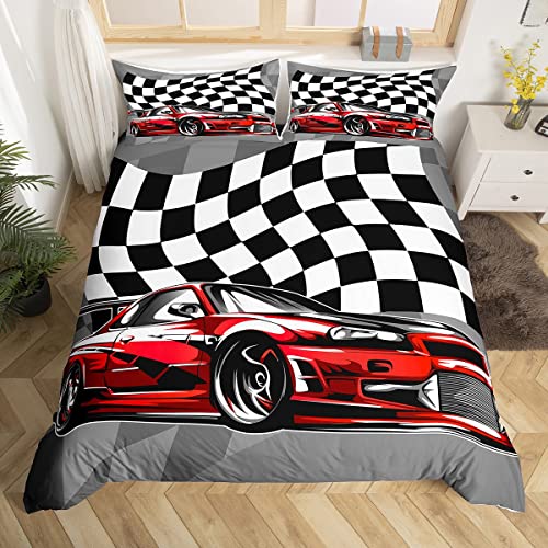 Rennwagen-Bettwäsche-Set , roter Sportwagen-Bettbezug für Jungen und Mädchen, 2-teilig, für Kinder, Teenager, Rückseite weiß, kariert, Mikrofaser, Bettbezug mit 2 Kissenbezügen (Doppel)