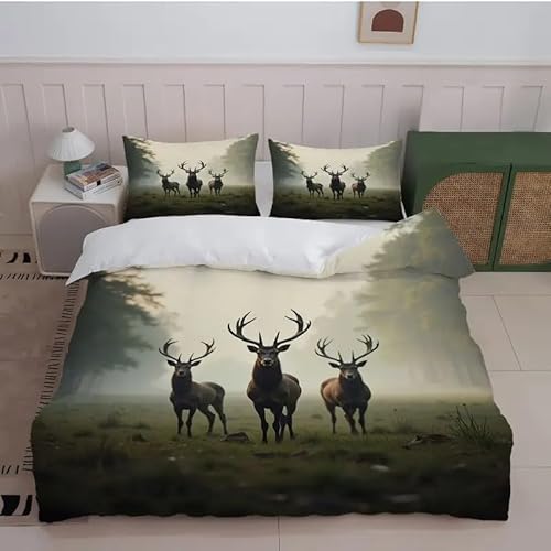 Bettbezug 200x200 Elch, Bettwaesche Wald, Weich Atmungsaktiv Mikrofaser Bettwäsche Set mit Reißverschluss, 1 Bettbezüge und 2 Kissenbezüge 80x80 cm