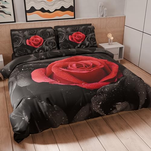Petti Artigiani Italiani Bettbezug für Doppelbett, 240 x 220 cm (2 Kissenbezüge 50 x 80 cm enthalten), Mikrofaser-Bettwäsche, Bedruckt, Schwarze Rosen, hergestellt in Italien