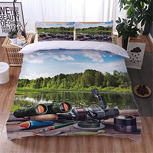 AOUAURO Bettwäsche 135x200 Angeln im See Bettbezug Set 3D Bedruckte 3-Teiliges Polyester mit Reißverschluss 1 Bettbezug und 2 Kissenbezug 80x80cm 3 Stück Einzelbett