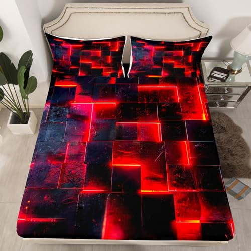 Schwarze Rote Abstrakte 90x200x30 Blätter Gradient Quadratische Bettwäsche,Geometrie Gitter Spannbetttuch Neon Kariertes Bett Set,Leuchtende Karierte Bettwäsche 3D Moderne Zimmer Dekor (Tiefe Tasche)