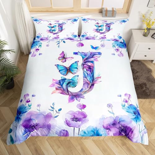 richhome Schmetterling Kinder Bettwäsche Set 220x240cm Jungen Mädchen ierte Bettbezug Set, personalisierte Buchstabe J Bettwäsche, Blumendruck Bettwäscheset Anfangsbuchstabe J Dekor, Lila