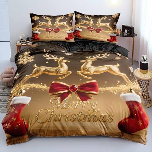 Luofanfei Weihnachts Bettwäsche 200x220 Rentier Weihnachtsbaum Warm Weiche Bettwäsche Set Weihnachten Microfaser Bettbezug und 2 Kissenbezüge 80x80cm mit Reißverschluss