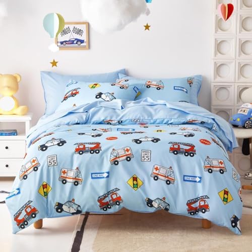 Freyamy Kinder Bettwäsche 100x135cm Blau Bunt Cartoon Auto Jungen Kinderbettwäsche Mikrofaser Cars Automotiv Babybettwäsche Bettbezug mit Reißverschluss und Kissenbezug 40x60cm