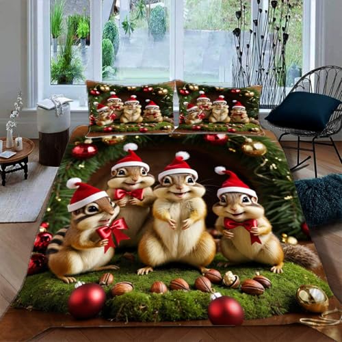 Zbeiba Bettwäsche 135x200,Bettbezug Set 3 Teilige mit 2 Kissenbezug,Weihnachts-Ei chhörnchen Motiv?135x200+2 * 50x75,Sti6?