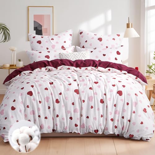 Aisbo Bettwäsche 220x240 Baumwolle Rosa Rot Herzen Muster - Bettwäsche-Sets 220 x 240 cm Bettbezug 3teilig mit 2 Kissenbezüge 80x80 cm, ÖKO-TEX Wendebettwäsche mit Reißverschluss