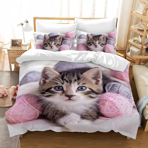 Tabeskly Kids Mädchen Cute Katze Kitty Katzenmotiv BettwäSche Kinder Katzenbettwäsche KinderbettwäSche Bed Duvet Cover Bedding Set 135×200cm