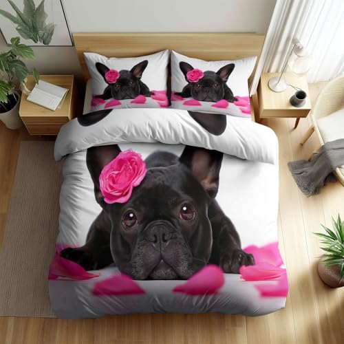 Srigzcaly Bettwäsche 200 x 220 cm Weiß 3-Teilig, Bettbezug Tier Bulldogge HD Foto Weiche Angenehm Bügelfreie Mikrofaser Wendebettwäsche-Sets mit Reißverschluss - Deckenbezug mit 2 Kissenbezüge