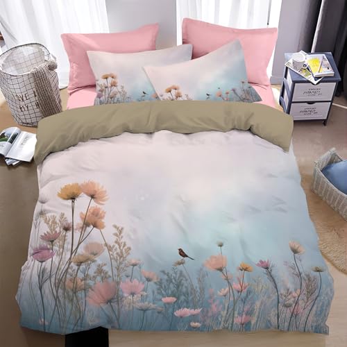 WunM Studio Bettwäsche Mandelbraun Bettgarnitur - Elegante Wildblumen Bettwäsche Sets Microfaser Bettbezug mit Kissenbezug Bügelfrei & Knitterfrei Fantasie Tier Vogel Deckenbezug mit Reißverschlus