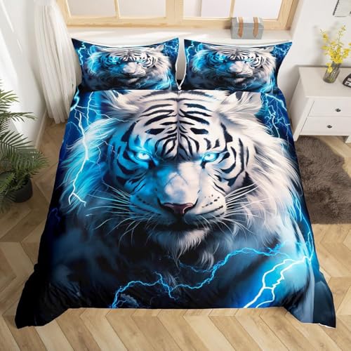 ZZTBQ Weißer Tiger Bettwäsche-Set für Kinder 135x200 2teilig Tier 3D Blitz Tiger Thema Kinderbettwäsche 1 Bettbezug 135x200 cm + 1 Kissenbezüge 80X80 cm, Wildlife Safari Katzendruck Bettwäsche-Sets