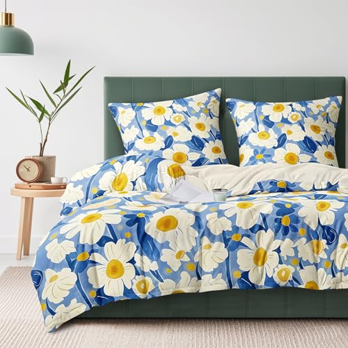 Gezu Blumen Bettwäsche 135x200cm Beige Romantisch Blümchen Bettwäsche Blau Damen Mädchen 2 Teilig Bettbezug Set Romantisch Weich mit Reißverschluss und 1 Kissenbezug 80x80cm Wendebettwäsche Einzelbett