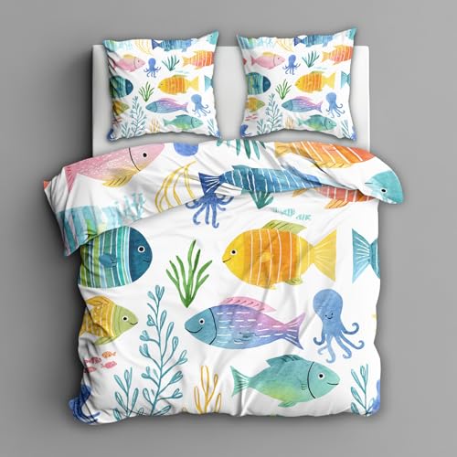 Generisch Bettwäsche 220x240 Meer Marine - Schlafzimmer Deko Bettbezug 220 x 240 3tlg Bunte Fische Korallen Meeresbewohner Muster, 2 Kissenbezug 80x80, mit Reißverschluss, Weich Mikrofaser TN#73