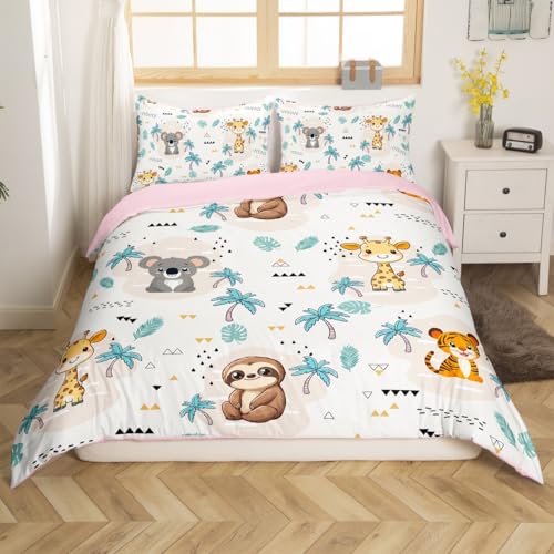Loussiesd Tropische Baum Pflanzen Bettbezug Set Sloth Drucken Bettwäsche Set 220x240cm Koala Bettwäscheset Giraffe und Tiger Muster Betten Set Wilde Tiere Dekor für Kinder Teens Dekor