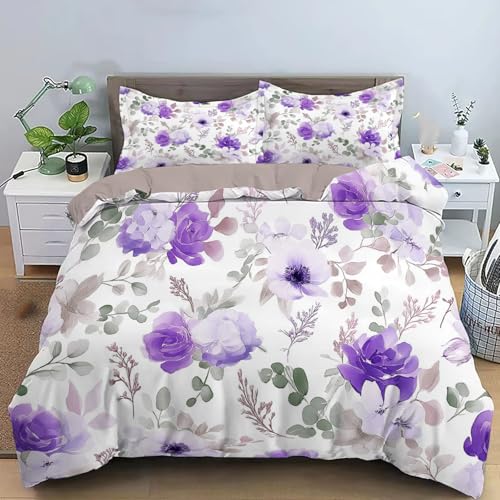 JEDTAKCT Wendebettwäsche 135X200Cm 3Teilig Bettbezug - Bettwäsche-Sets Flieder Mit 2 Kissenbezüge 80X80 cm, Weich Atmungsaktiv Und Bügelfrei Rosenblüten Elegante Landschaft Bettbezug
