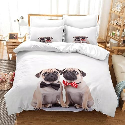 SJSXWQN Bettwäsche 220x240 WeißEr Mops Bettwäsche-Set mit Reißverschluss Schließung für Erwachsene Kinder Weicher Atmungsaktive Mikrofaser Bettbezug + 2 Kopfkissenbezug 80x80 cm