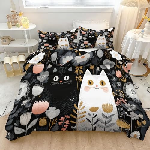 Wende Bettwäsche 240 x 260 cm Atmungsaktive Mikrofaser Landhausstil Katze Blumen Blätter Muster Bettbezug mit Reißverschluss, Schwarz Weiche Bettbezug Set mit 2 Kissenbezüge 80 x 80 cm