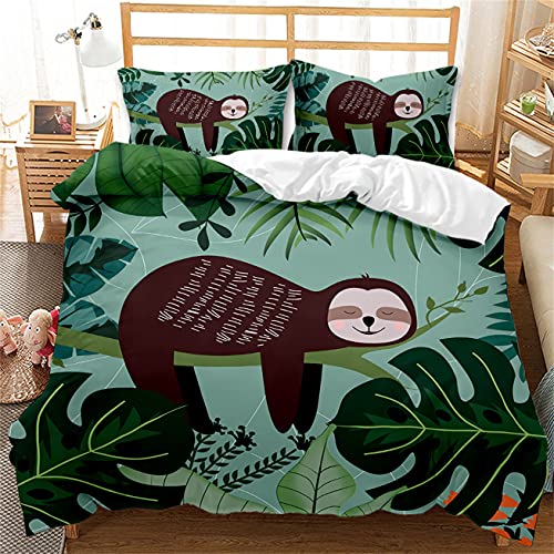 Cartoon Faultier Bettwäsche-Set für Jungen Mädchen Komfortables Schlafen Reißverschluss Bettbezug mit Kissenbezug Mikrofaser Polyester Grün Braun Beige Kinder Bettbezug (Multicolor 4, 135 x 200 cm)