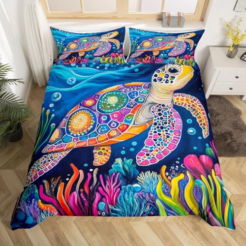 Homewish Schildkröte Bettbezug Bunte Meeresschildkröte Tröster Abdeckung Jungen Mädchen Tiere Wild Bettwäsche Set,Ozean Küste Türkis Bettwäsche 200x200,Aquarell Unterwasser Bett Set für Raum Dekor