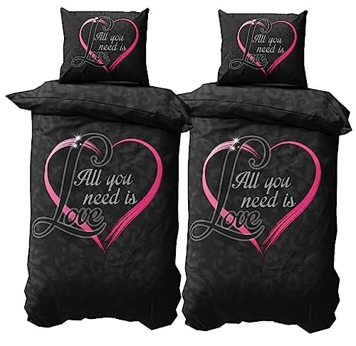 Leonado Vicenti 4 teilig Microfaser Partner Bettwäsche 155x220 Schwarz mit Herz in Pink und Love Fotodruck mit Reißverschluss