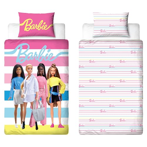 Barbie Offizielles Kinder-Bettwäsche-Set für Einzelbett, unverpacktes Design, wendbar, 2-seitig, Puppen-Bettwäsche, inkl. passendem Kissenbezug, rosa Einzelbett-Set, Polycotton