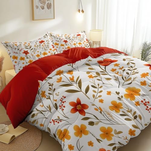 Wendbares Bettbezug Set Orange– Gebürsteter Mikrofaser Hautfreundlich Elegant Exquisit Blumen Blätter Bedruckt Bettwäsche-Set für Kinder Teenager Erwachsene, 240 x 220 cm