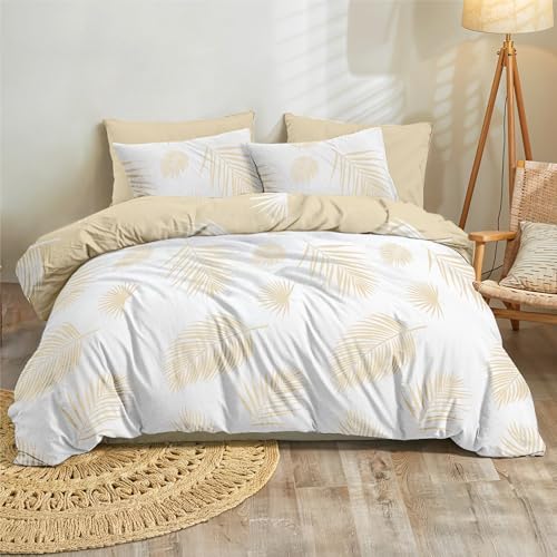 Dreamzie Bettwäsche Set 200x200 cm mit 2 Kissenbezügen 65x65 cm - Motiv Tropische Palmblätter Beige und Weiß - Bettwäsche 200x200 Erwachsene aus 100% Mikrofaser - Zertifiziert Oeko TEX