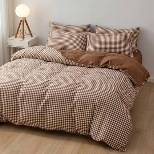 Covebett Bettwäsche 200x200 Braun Kariert Landhausstil Wende Bettbezug Set 3 Teilig mit Karomuster Modern Aesthetic Weiche Mikrofaser Bettwäsche-Sets mit Reißverschluss und 2 Kissenbezüge 80x80 cm