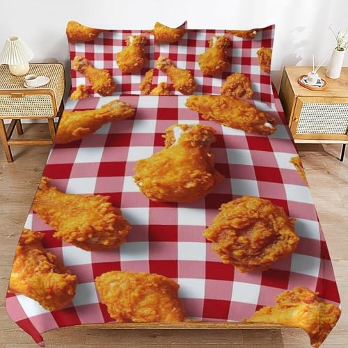 Gebratenes Hähnchen 3D-Druck Bettwäsche-Sets 200x200 Bettzeug Weiche Mikrofaser Rot Kariertes Muster 3teilig Bettwäsche mit Leichtläufigem Reißverschluss und 2 Kissenbezüge 80x80 h-3388