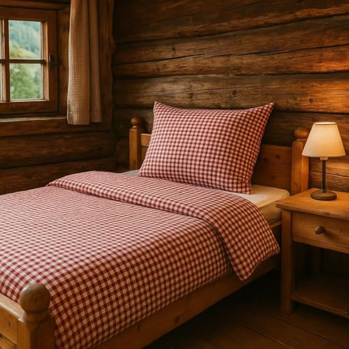 texpot Landhaus Bettwäsche Garnitur 2-teilig 135 x 200 cm + 80 x 80 cm kariert rot-weiß