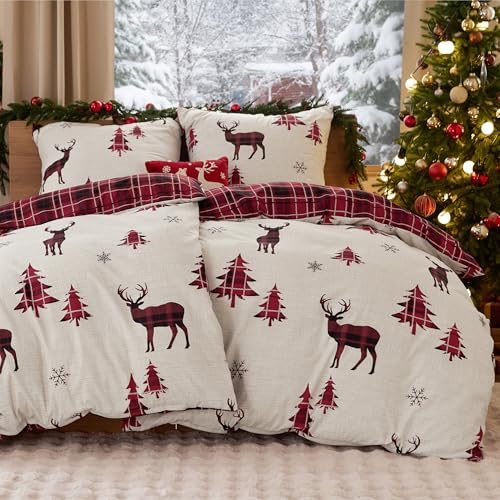 BEDSURE Bettwäsche 135x200 4teilig Weihnachts   Bettwäsche Sets Rentier Bettbezug 135 x 200 2er Set 2 Kissenbezüge 80x80, Büffelkaro Design Bedding Muster Reißverschluss