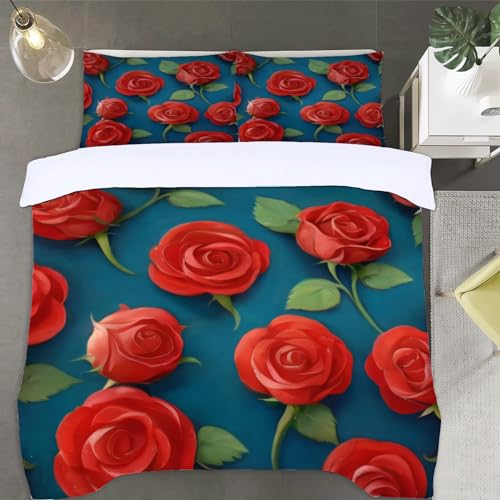 Rose Bettwäsche 135x200 Blumen Bettwäsche-Sets, 3D Microfaser Bettbezug 3Teilig Duvet Cover mit Reißverschluss und 2 Kissenbezug 80x80cm