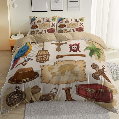 Bettbezug Bettwäsche 135 x 200 cm 3D Effekt Wendebettwäsche Weich Komfor Piraten, Papageien, Abenteuer Jugendliche Mädchen Jungen mit Reißverschluss und 2 Kissenbezüge Braun