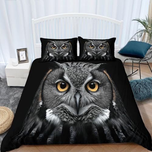 Bettwäsche 180 x 200 cm 3D Bedruckte Abstrakt Eule Illustration Bettbezug Grau Einfache Pflege 3-Teiliges Bettwäsche Set, mit Reißverschluss gebürsteter Mikrofase