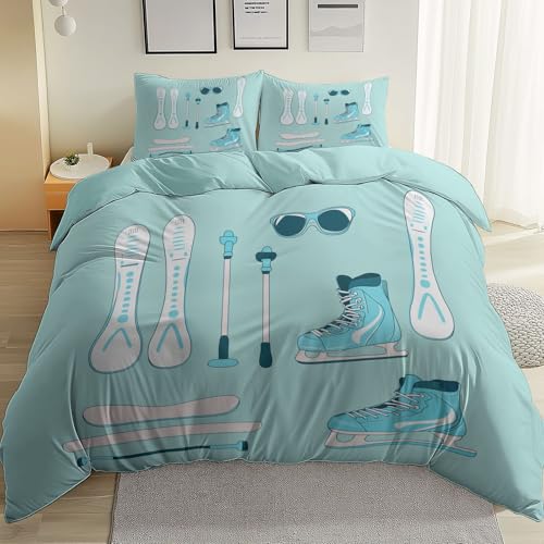 Bedruckte Bettwäsche Set 150 x 200 cm, Cartoon Eislaufausrüstung Weiche Mikrofaser Bettbezug Sets mit 2 Kissenbezug, Hellblau atmungsaktiv Bettbezug mit Reißverschluss