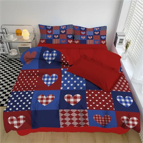 Bettwäsche 200*200cm 3teilig Bettbezug - Bettwäsche-Sets 200*200cmmit 2 Kissenbezüge 80x80cm,ÖKO-TEX Wende bettwäsche Bedding Rot und blau kariert Muster mit Reißverschluss,Weißes Punktgitter