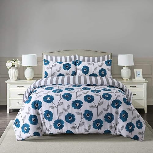 HRBK Blau Bettwäsche 135x200 Blümchen Bettwäsche Set mit Reißverschluss 110gsm Mikrofaser Bequem Atmungsaktiv Bettbezug und 2 Kopfkissenbezug 80x80 cm