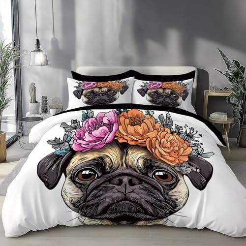 ZISTRCBAO Mops Bettbezug 135 x 200 cm, Aquarell Tier Bettwäsche Set Mikrofaser Weiche Bettbezüge, Mit Reißverschluss Und1 Bettbezug und 1 Kissenbezug, Braun