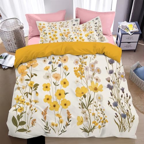 WunM Studio Bettwäsche 135 * 200cm Beige Zarte Wildblumen Bettbezug Set 3 Teilig Helle und fröhliche Blumen Blümchen Blumenmuster Weich Bettwäsche-Sets mit 2 Kissenbezüge 80x80 cm und Reißverschluss