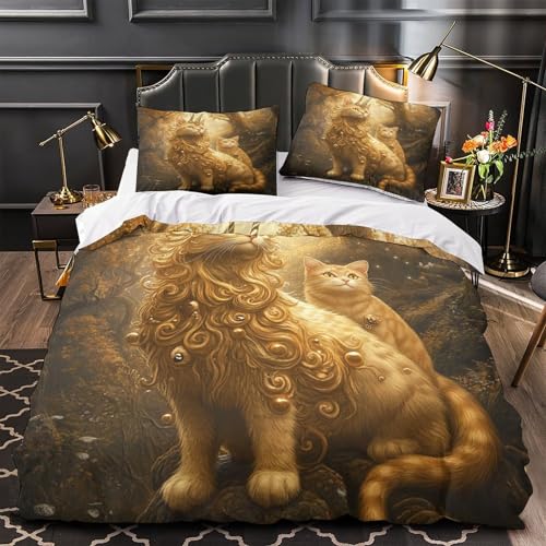 RJAVAGFZL Goldene Katzenfantasie 3D-Bedruckt 3er-Set Bettbezug Kunst von Fabelwesen Steppbezug Mikrofaser Hypoallergen Staubmilbenfest für Kinder Jungen Männer Single (135x200cm)