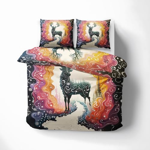 Bettwäsche 135x200 Fantasie Hirsch - Wendebettwäsche - Bettbezug Set 2teilig mit 1 Kissenbezug 80x80 cm - Weiche Kuschelige Mikrofaser Bettwäsche-Sets mit Reißverschluss - &O86