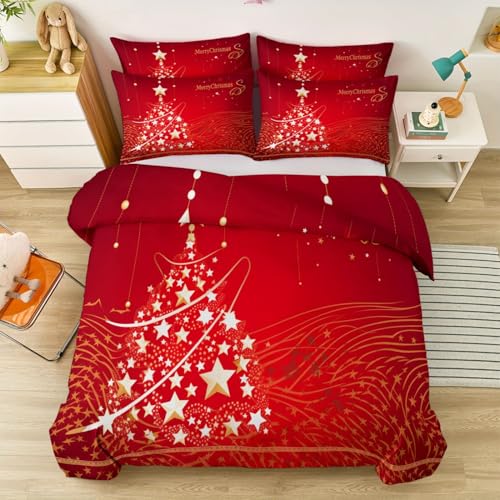 Bettwäsche 155 x 220 cm - Minimalistisch Elegant Weihnachtsbaum Dekor Bettbezug für Kinder Jungen Mädchen, Rot Weiche Mikrofaser Bettbezug Set mit Reißveschluss