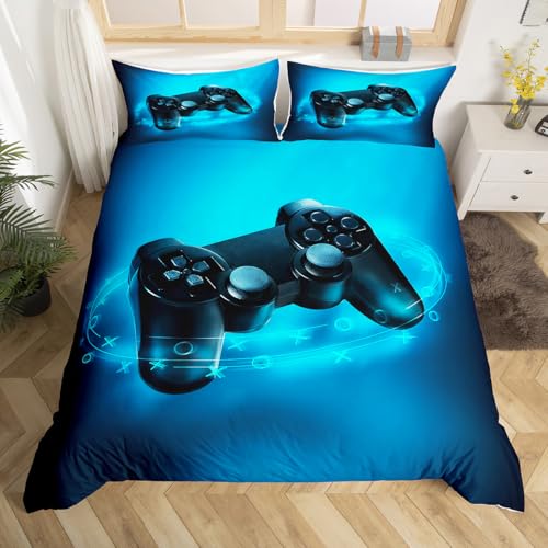 Loussiesd Kinder Jungen Bettwäscheset Gamepad drucken Bettbezug Blau Spielthema Bettwäsche Videospiel Action Buttons 135x200cm für Teens Weiche Mikrofaser mit Reißverschluss