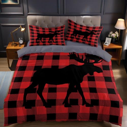 Rot Und Schwarz Kariert Bettwäsche 180 x 200 cm Tier Elch 3 teilig Mikrofaser Bettwäsche Set für Erwachsene Kinder mit 2 Kissenbezüge 80 x 80 cm