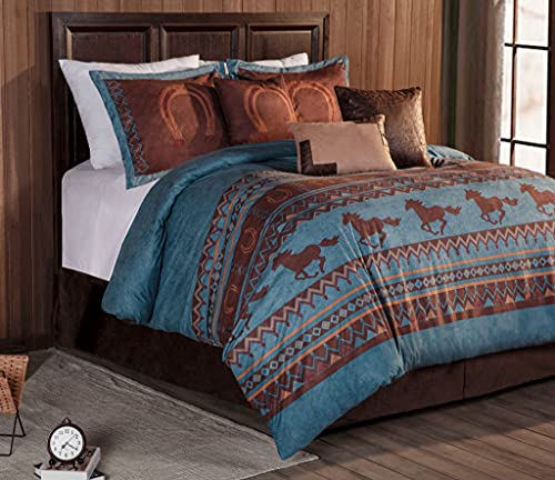Chezmoi Collection Sedona Southwestern Wildpferde-Bettwäsche-Se t, Microvelours, Kingsize, Türkisblau, 7-teilig