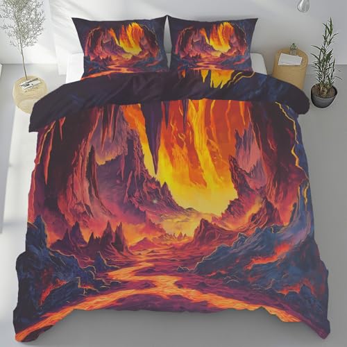Sobhdga Vulkan Berg Bettwäsche 135x200 3teilig, Feuer Höhle Bettwäsche-Sets Mikrofaser, Natur Landschaft Bettbezug Weich, mit Reißverschluss Und 2 Kissenbezug 80x80 cm