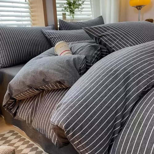 Nesture Bettwäsche 155x220 Baumwolle Gestreift Grau - Bettwäsche-Sets 2teilig Weich, 100% Gewaschene Baumwoll, Enthält 1 Bettbezug 155 x 220cm und 1 Kissenbezug 80x80 mit Reißverschluss
