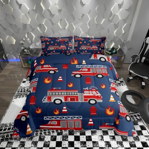 Homewish LKW Bettwäsche , Queen, Feuerwehrauto Bettwäsche , 3 teilig, für Kinder, Teenager, Jungen, Erwachsene, Raumdekoration, Western Notfall Rettungsf ahrzeug, Steppdecken, rot