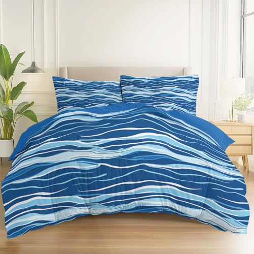 Bettwäsche 135 x 200 cm weiche und gemütliche Bettwäsche Wellenmuster Mikrofaser Bettbezug mit Reißverschluss + 2 Kissenbezug Damen Herren Dunkelblau Hellblau
