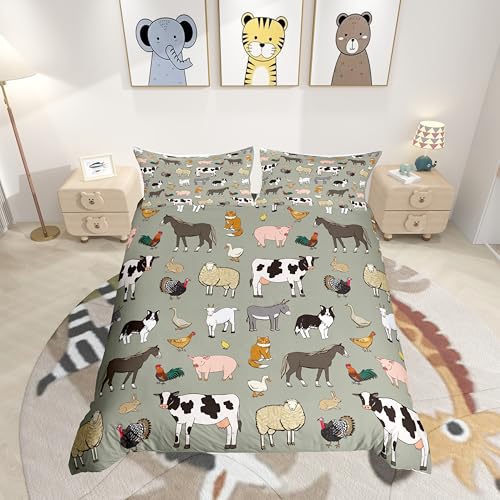 Homemissing Kuh Bettbezug Set Karikatur Katze Hund Pferd Bettwäsche Set 135x200cm für Kinder Jungen Mädchen Zimmer Bauernhof Tier Sammlung Dekor Betten Set Bauernhaus Stil 2St Reißverschluss